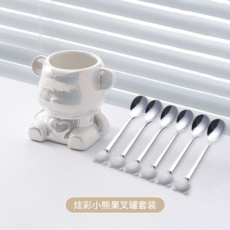 Ceramic bear stainless steel fruit fork set - stylish fruit picks, home use, light luxury forks and spoons, wholesale fruit forks