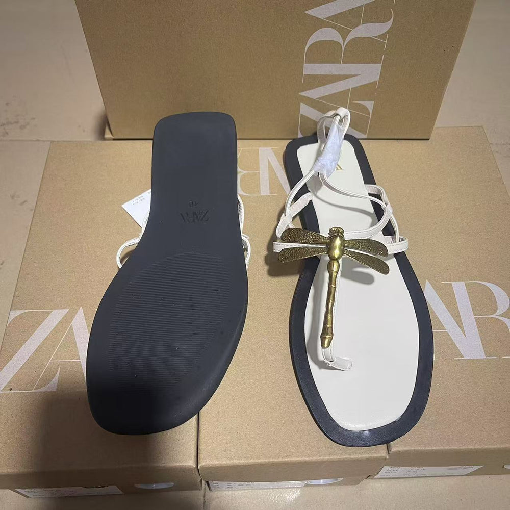 Za2024summer herringbone casualeasiest for match women's shoes metal dragonfly decoration flats sandals daily outwear women's shoes