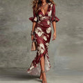 summer new arrival: european and american style, vintage elegant v-neck slim-fit cross-border printed ruffle hem maxi dress