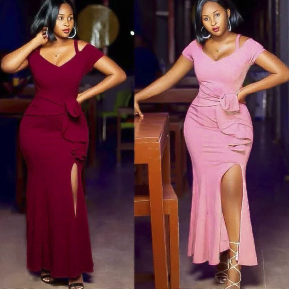 e-commerce: plus-size women's sexy, figure-flattering, slit evening gown with a fishtail train, suitable for , , and the african market