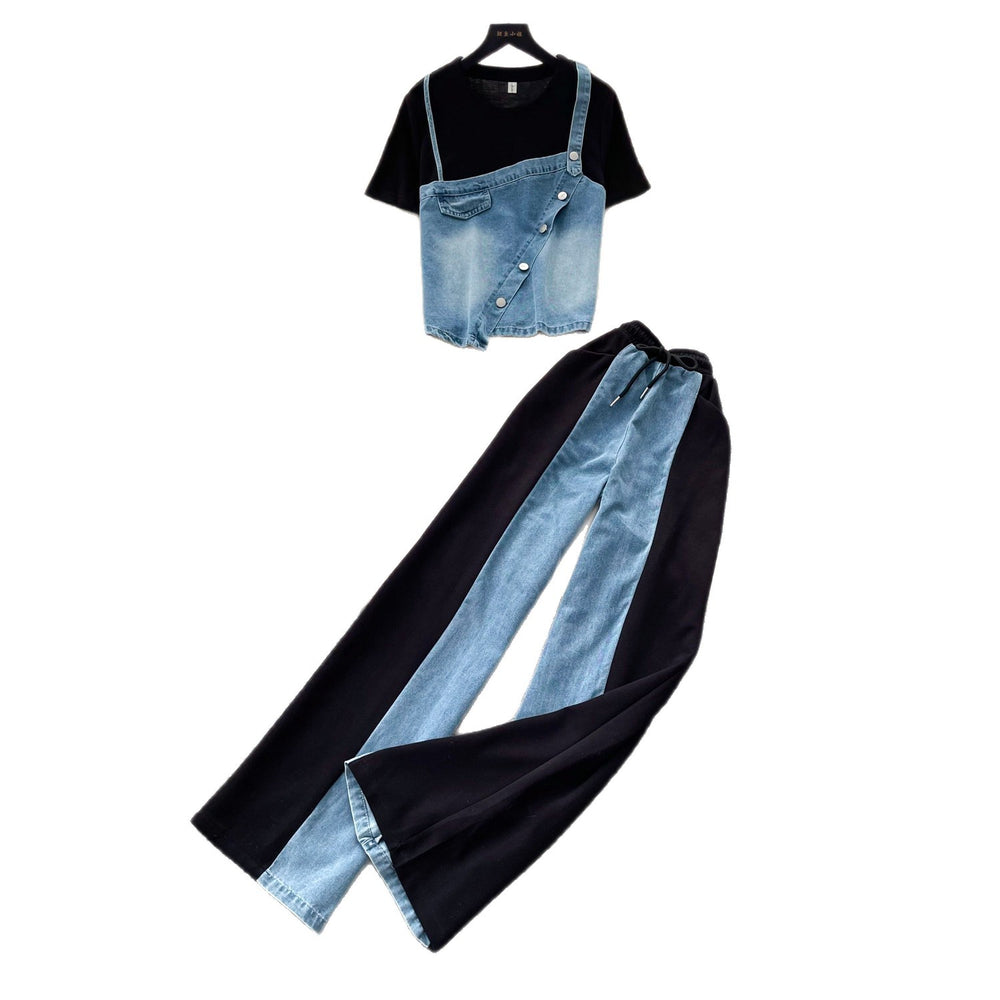 Hong kong style retropatchwork denim casualtwo-piece set for women summerslimming lookhigh waistwork clothing lazy stylesuit