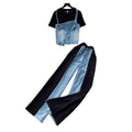 Hong kong style retropatchwork denim casualtwo-piece set for women summerslimming lookhigh waistwork clothing lazy stylesuit