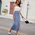 European and american cross-border e-commerce women's summer new arrivals:   washed asymmetrical denim slit maxi skirt