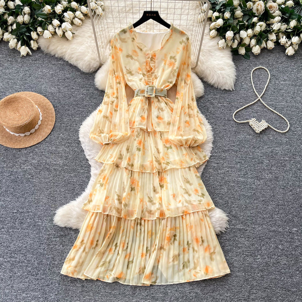 French romantic style printed long sleeve dress - women's spring slimming ruffle pleated tiered cake dress - elegant