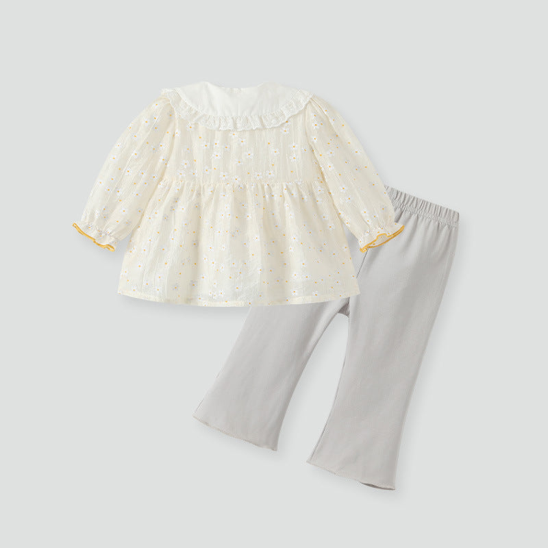 Girls' outfit set, new autumn  collection: stylish baby doll collar long-sleeve two-piece set for infants - sweet and chic for spring and autumn