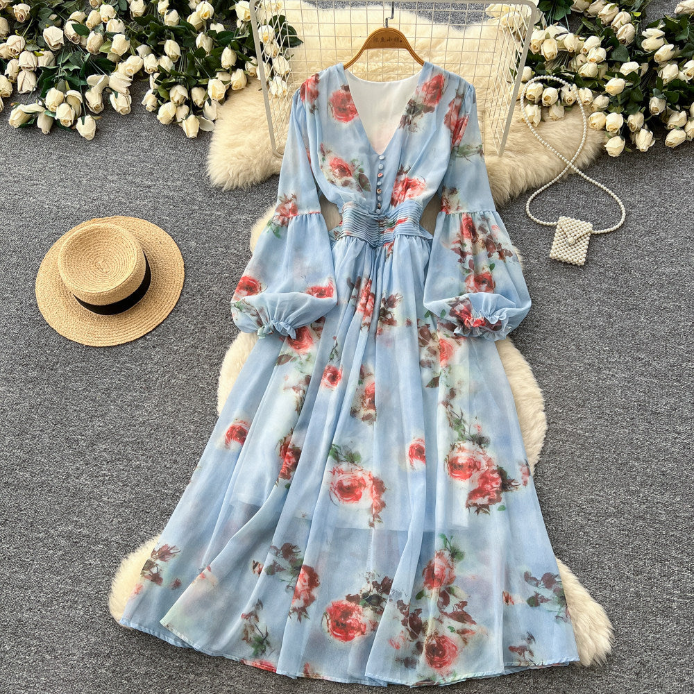 French chic floral print dress - women's v-neck puff sleeve, slimming waist, elegant maxi dress - perfect for vacation