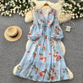French chic floral print dress - women's v-neck puff sleeve, slimming waist, elegant maxi dress - perfect for vacation