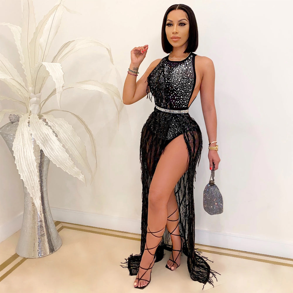 C3710 cross-border new arrival: fashionable european and american nightclub style rhinestone and sequin mesh sexy tassel two-piece dress set for women