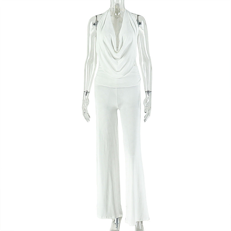 European and american style cross-border casual loose women's solid color halter backless pants set, scoop neck ruched comfortable two-piece trendy outfit