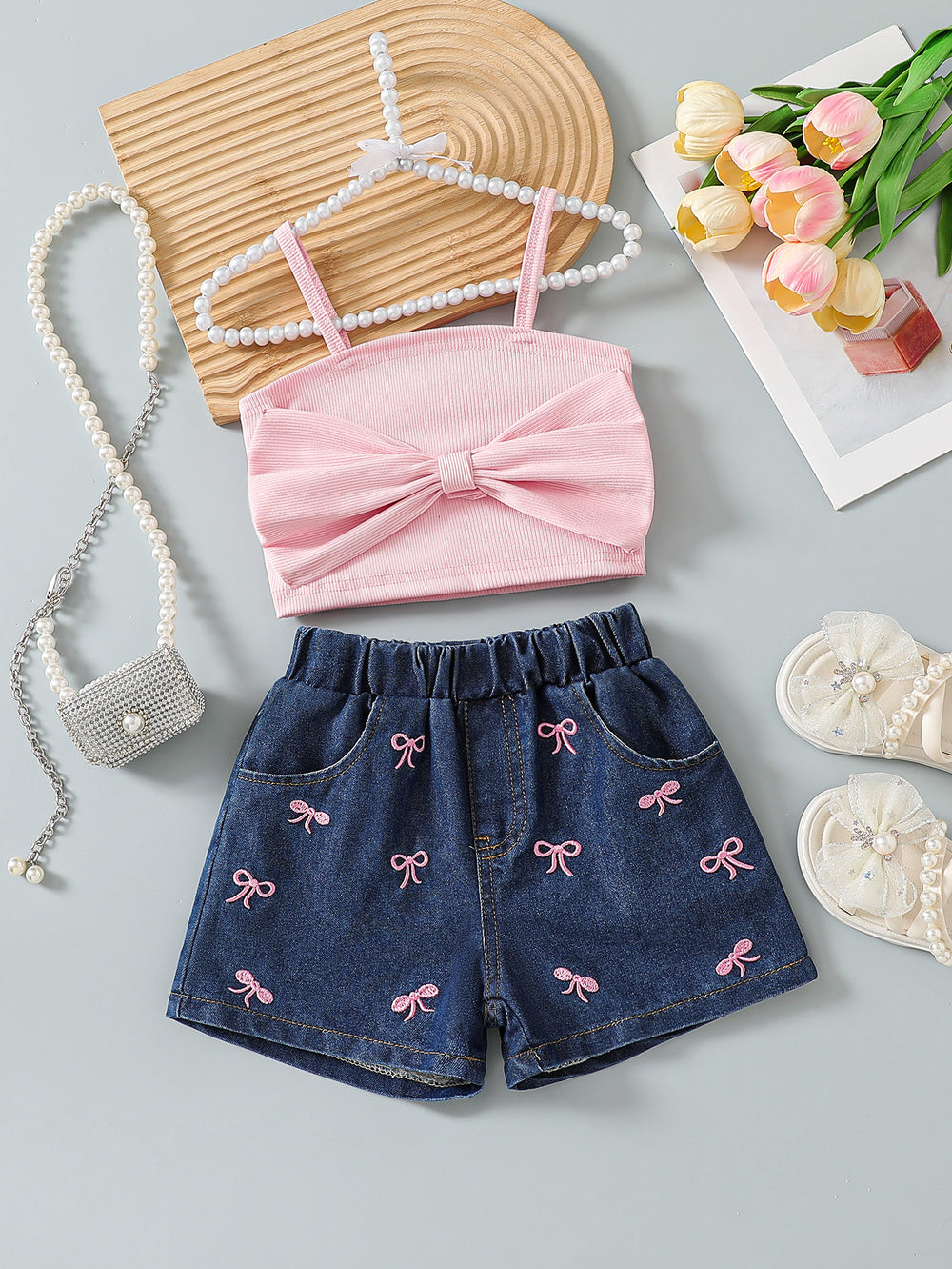 cross-border girls' playful & cute cami top + embroidered denim shorts set with bow detail