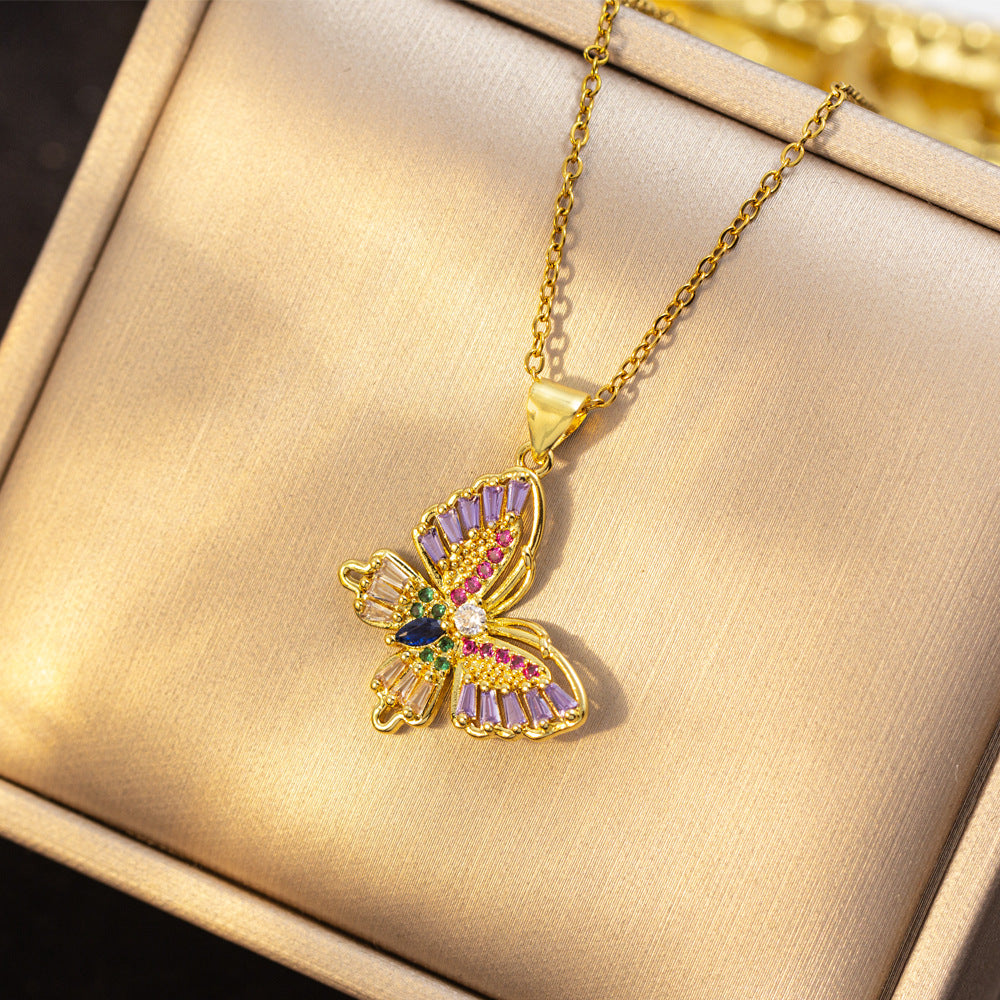 [titanium steel] fashion cross-border color zirconium butterfly necklace for women high-end light luxury versatile inlaid new sweater chain jewelry