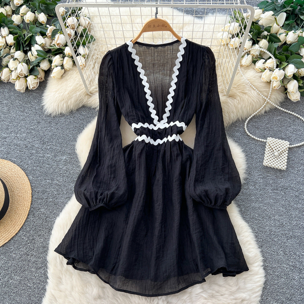 Frenchsexy deep v neck wave edge patchwork waist lantern sleeve dress women's autumslimming looka line vacation skirt