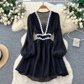 Frenchsexy deep v neck wave edge patchwork waist lantern sleeve dress women's autumslimming looka line vacation skirt