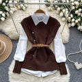 Layered shirt vest women's autumn two-piece set fashioneasiest for match sleeveless cable stitchknitting vest with long sleeves shirt