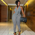 European and american style cross-border striped print women's bodycon pleated loose fit sporty jumpsuit - going out high neck long romper