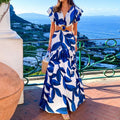 summer new women's clothing  cross-border fashion printed sexy v-neck ruffle sleeve cutout dress