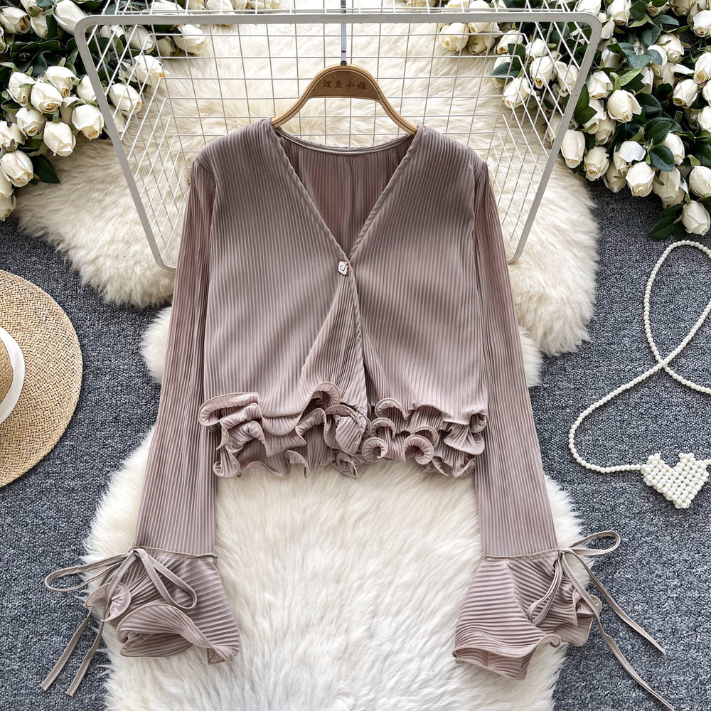 Women's long-sleeve blouse for cross-border e-commerce: new spring/autumn style with 3d ruffle trim, v-neck, pleated detail, and flared short sleeves