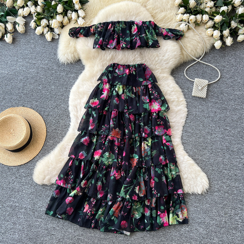 Floral off-the-shoulder bandeau cake dress two-piece set - women's summer sweet & sultry romantic maxi dress outfit