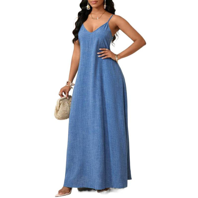 Amazon european and american bohemian style backless loose dress women's  summer new simple skirt