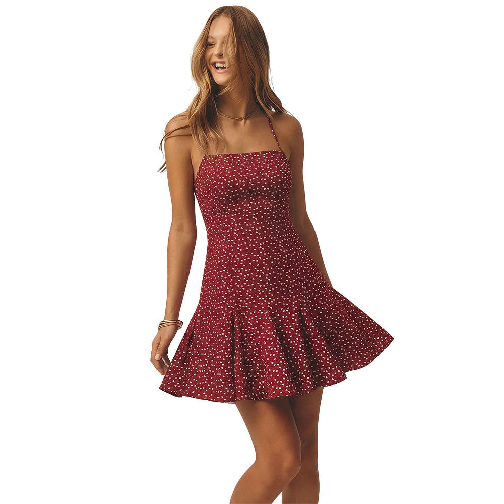 summer new arrival:  cross-border wine red polka dot floral dress - fitted waist ruffle hem mini dress for women