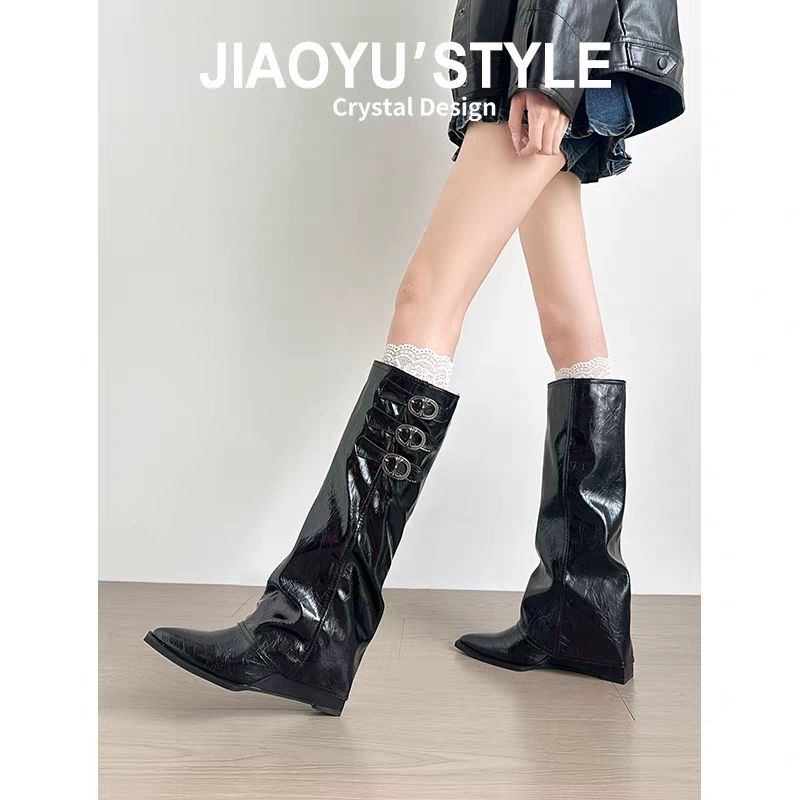 2025new arrival pointed toe pile boots women's belt buckle hidden heel over the knee knight boots fall and winterfrenchslimming look boots