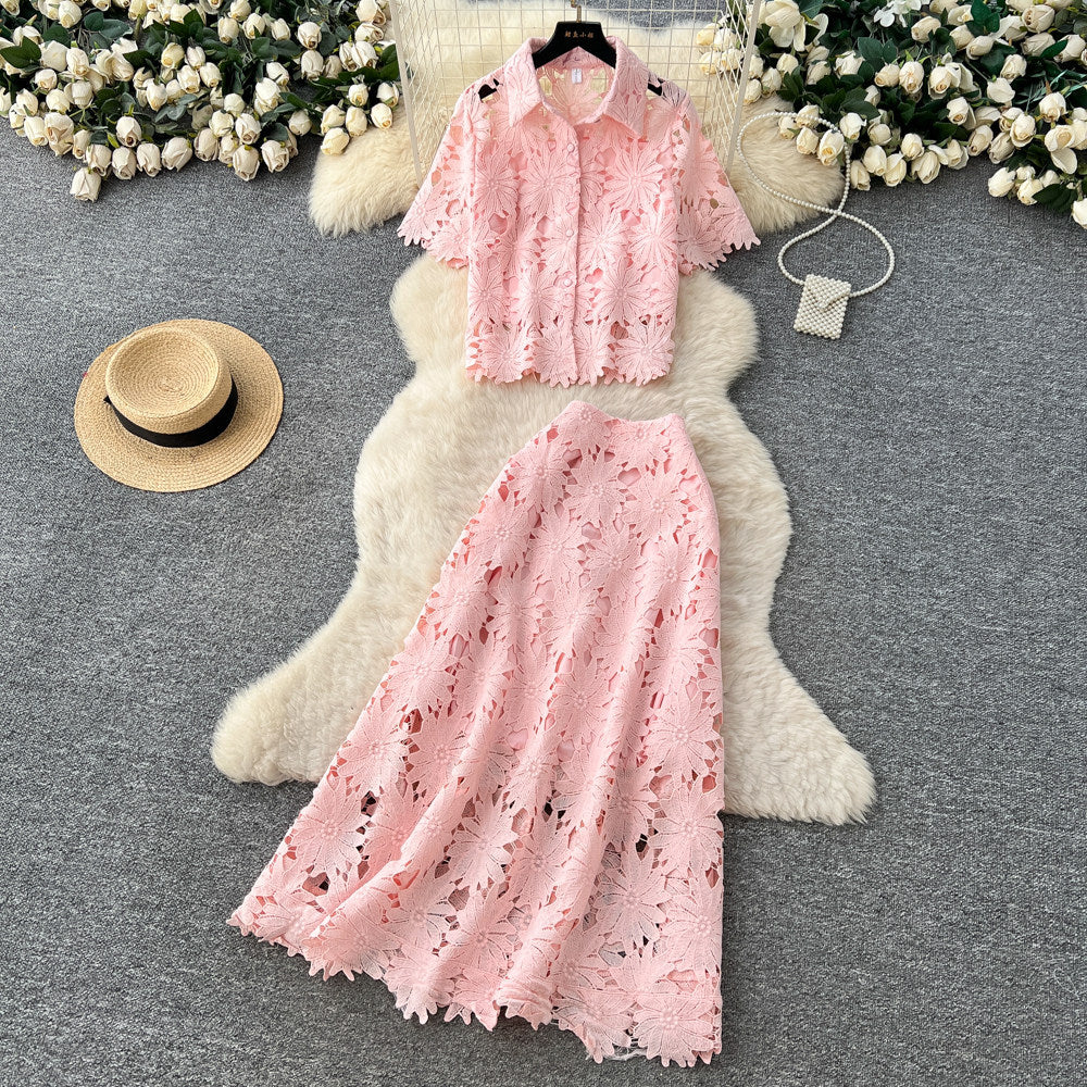 French chic cutout lace two-piece set: women's spring/autumn fashion commute outfit - short sleeve top & high-waisted midi skirt