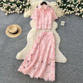 French chic cutout lace two-piece set: women's spring/autumn fashion commute outfit - short sleeve top & high-waisted midi skirt