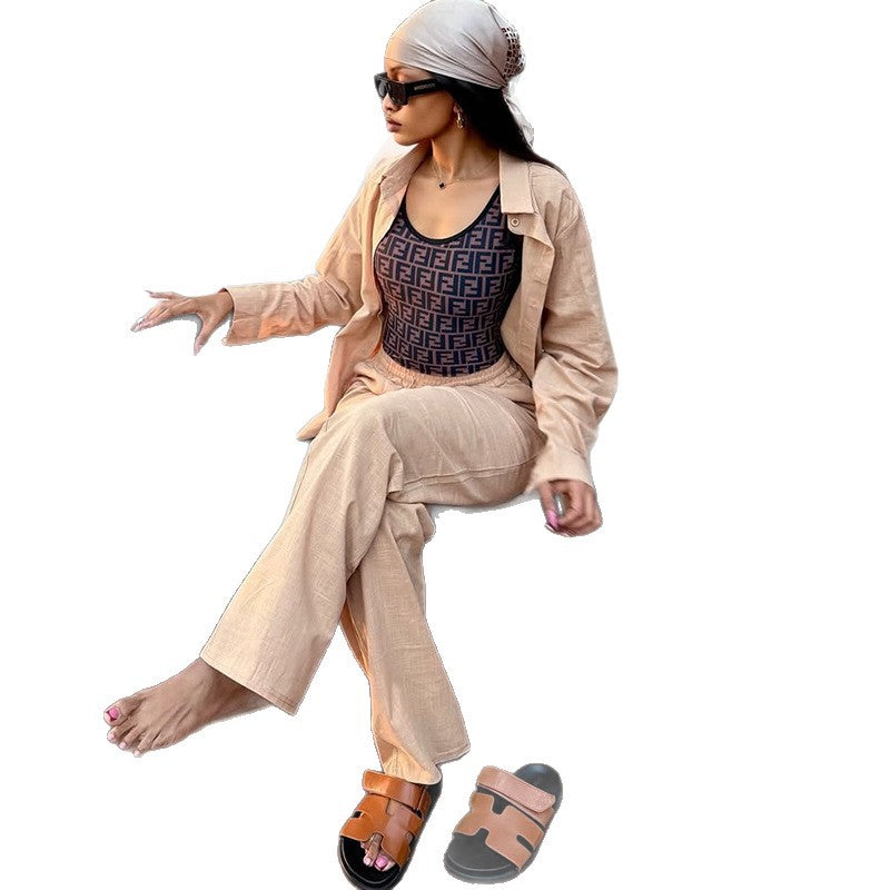 European and american cross-border women's fashion  autumn new collection: solid color turn-down collar loose long-sleeve shirt and high-waisted trousers casual set