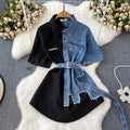 Contrast color lapel waist slimming looka single breasted shirt denim dress women's longasymmetrical t-shirt skirt