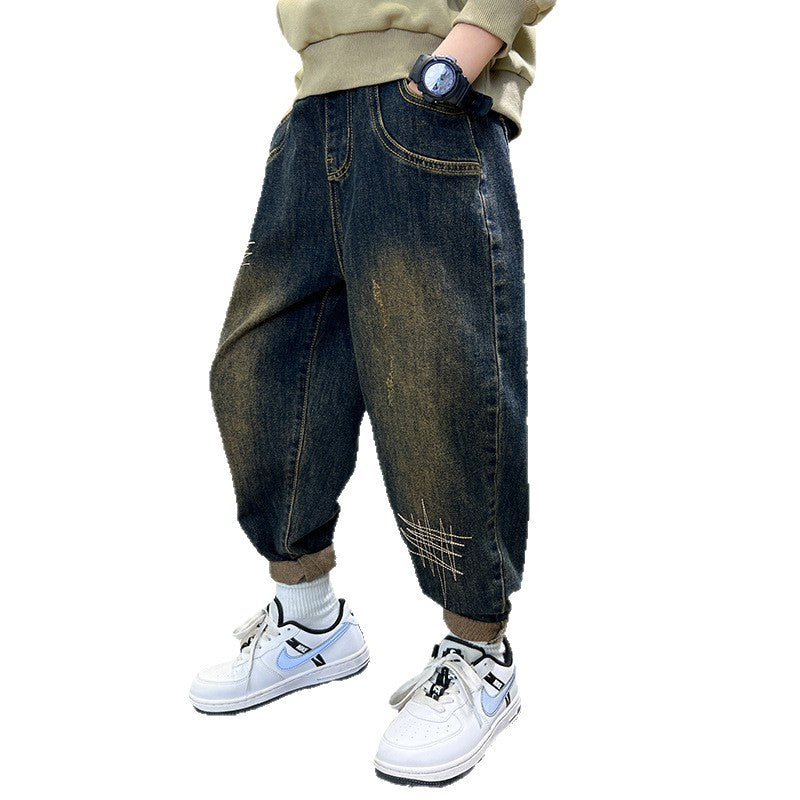 Boys' fleece-lined jeans: new spring/autumn collection - stylish kids' pants, dad jeans for older boys, versatile trousers for mid-to-large children