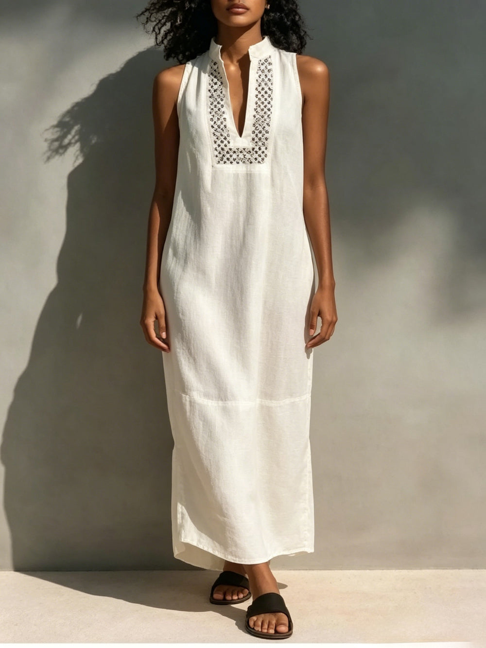 european and american cross-border independent station summer white sleeveless cut outv neck long dress vacation style loosedress