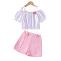 Girls' off-the-shoulder puff sleeve floral cami and shorts set - summer kids' sweet floral casual outfit