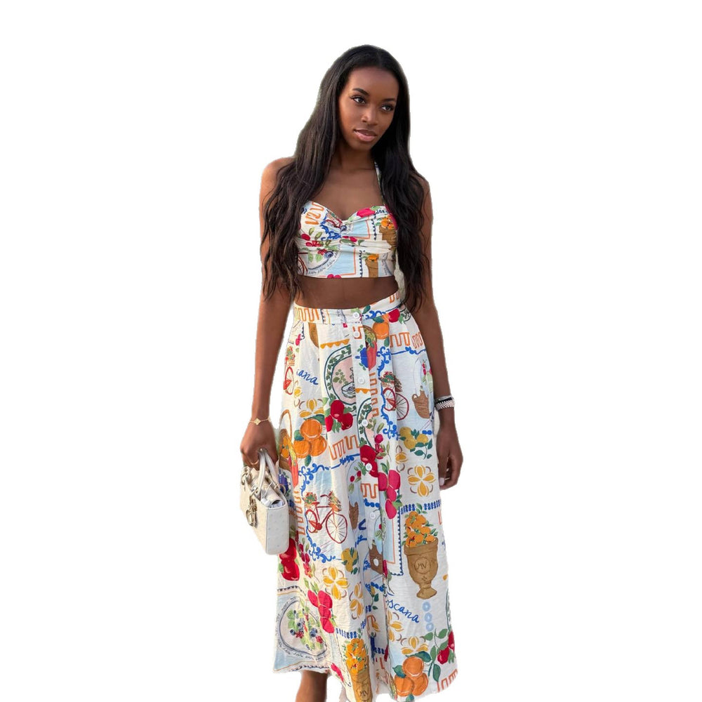 European and american cross-border women's fashion:  summer new arrival - elegant printed sleeveless cami top and high-waisted midi skirt set
