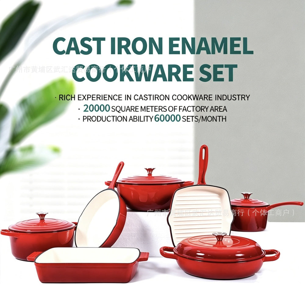 Household cast iron enamel non-stick pot seven-piece multi-purpose stew pot round frying pan steak plate baking dish pot set
