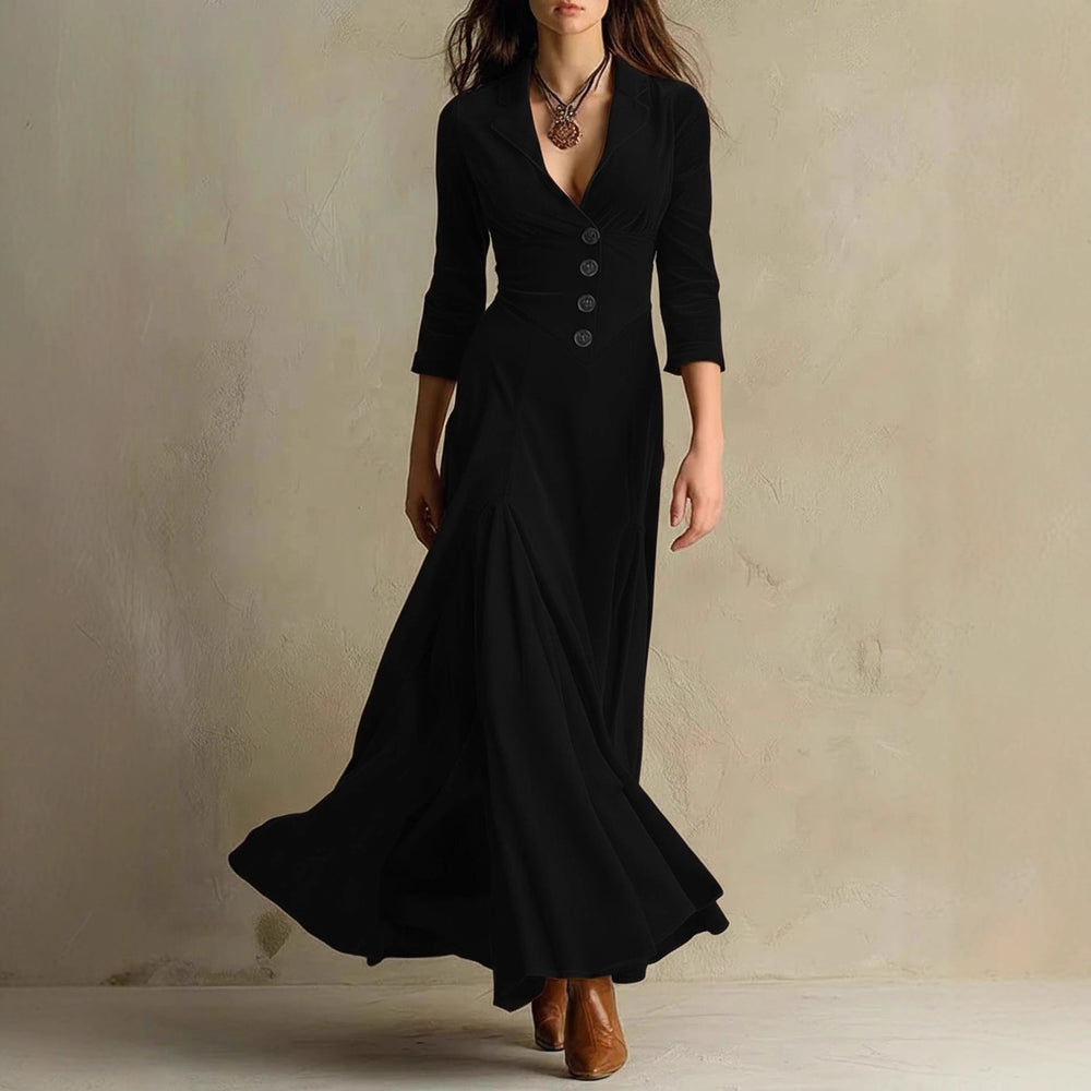 european and american women's clothing  independent station pure color button lapel three-quarter sleeve long skirt dress waist swing skirt