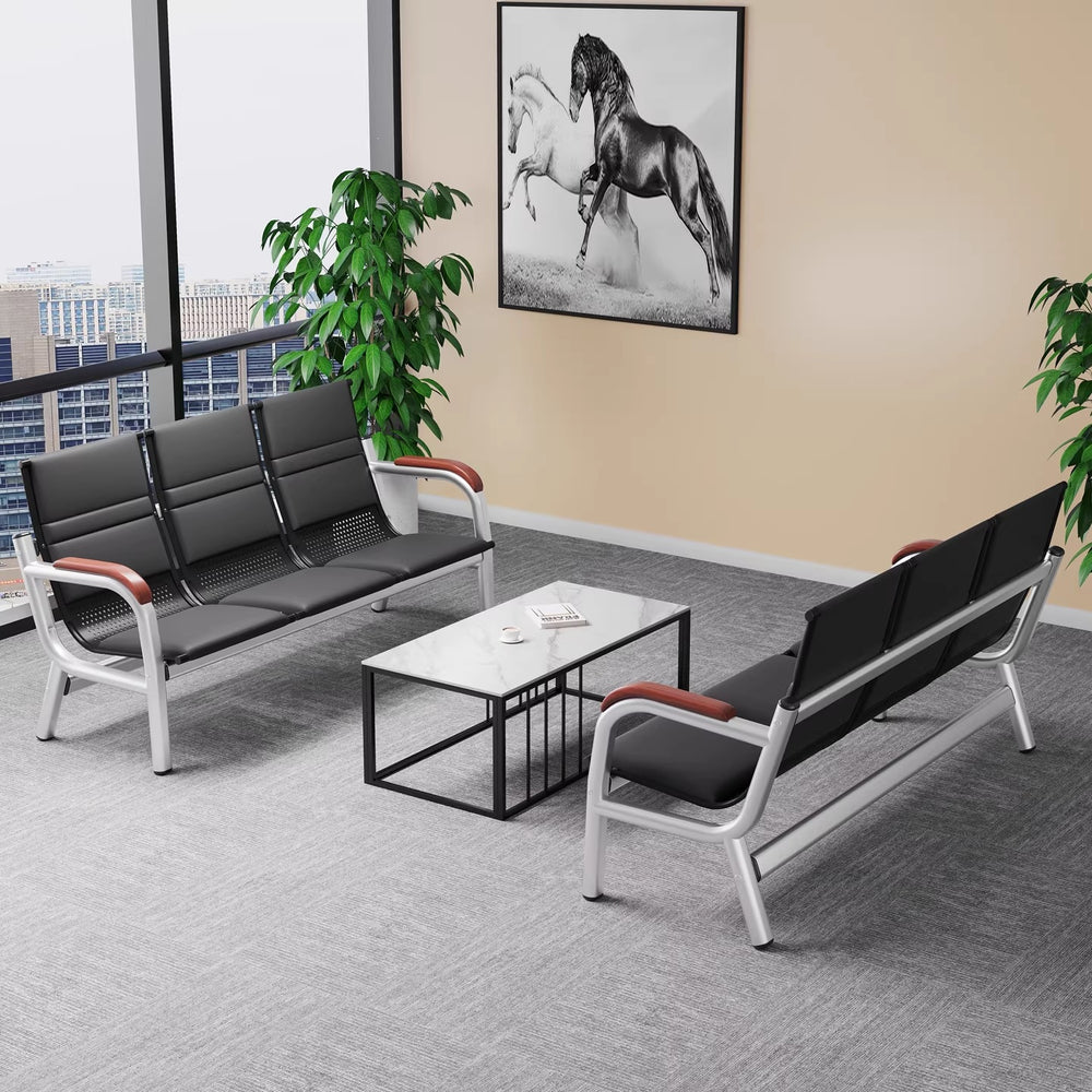 Office sofa and coffee table set - minimalist modern reception desk with iron frame, business three-seater sofa