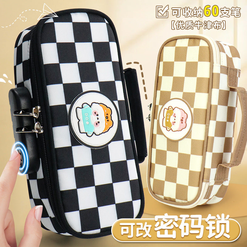 Customized pencil case large capacity Oxford cloth checkerboard combination lock stationery box   wholesale can print logo