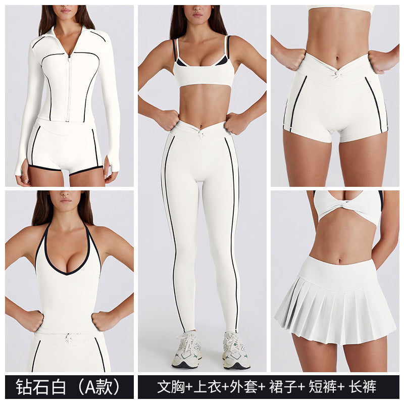 Contrast color bra tops long sleeves short sleeves pants shorts skirts pleated skirts zipper outwear yoga clothes six-piece suit