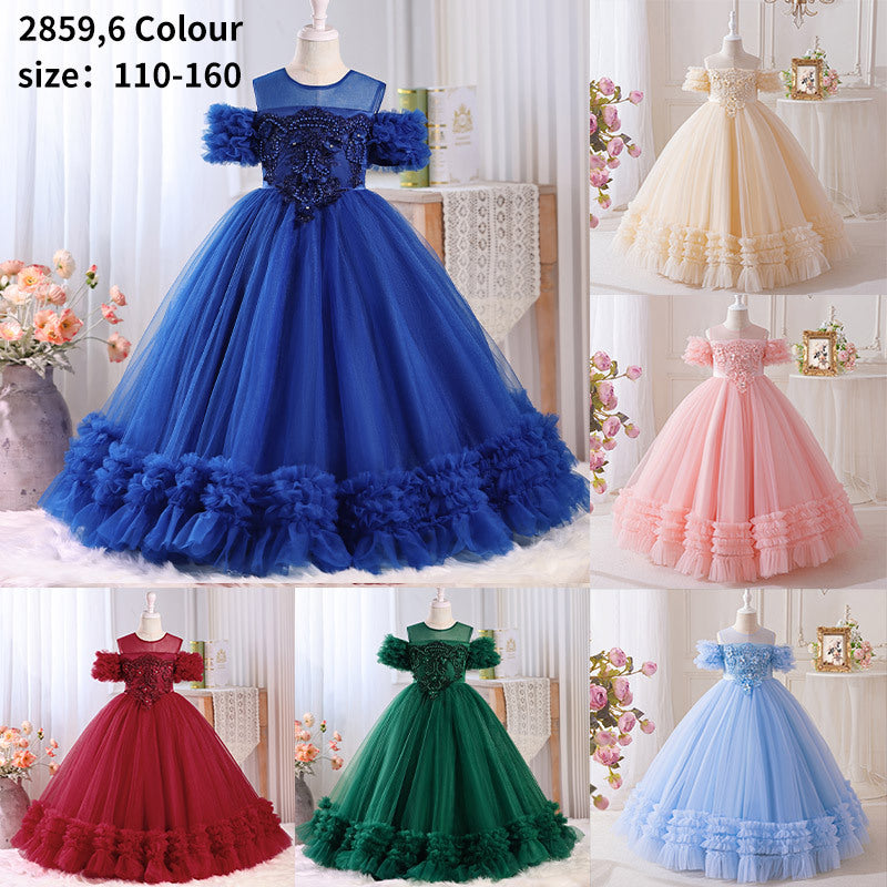 European and american style  girls' dress - mesh off-the-shoulder elegant birthday tutu dress - ready to ship