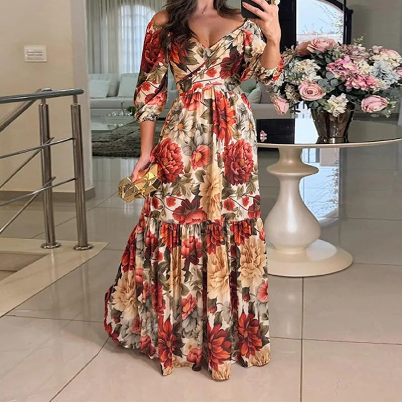 cross-border e-commerce women's fashion: european and american summer new arrivals - stylish and elegant printed v-neck maxi swing dress