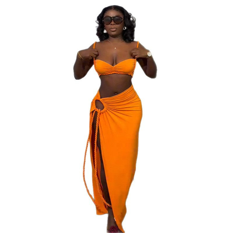 European and american women's clothing  autumn new sweet and fresh camisole slimming drawstring waist midi skirt two-piece set