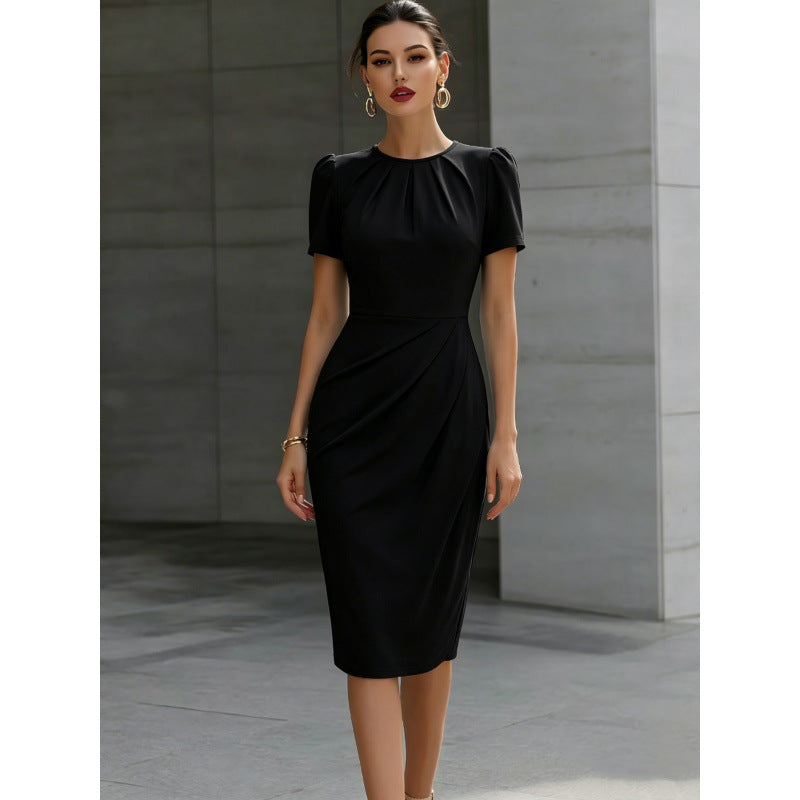 european and american independent station new arrival round neck pleated waist dress