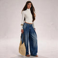 Fashionjeans women's high waist pleated wide leg jeans washed loose pleated large trouser legs draped denim pants