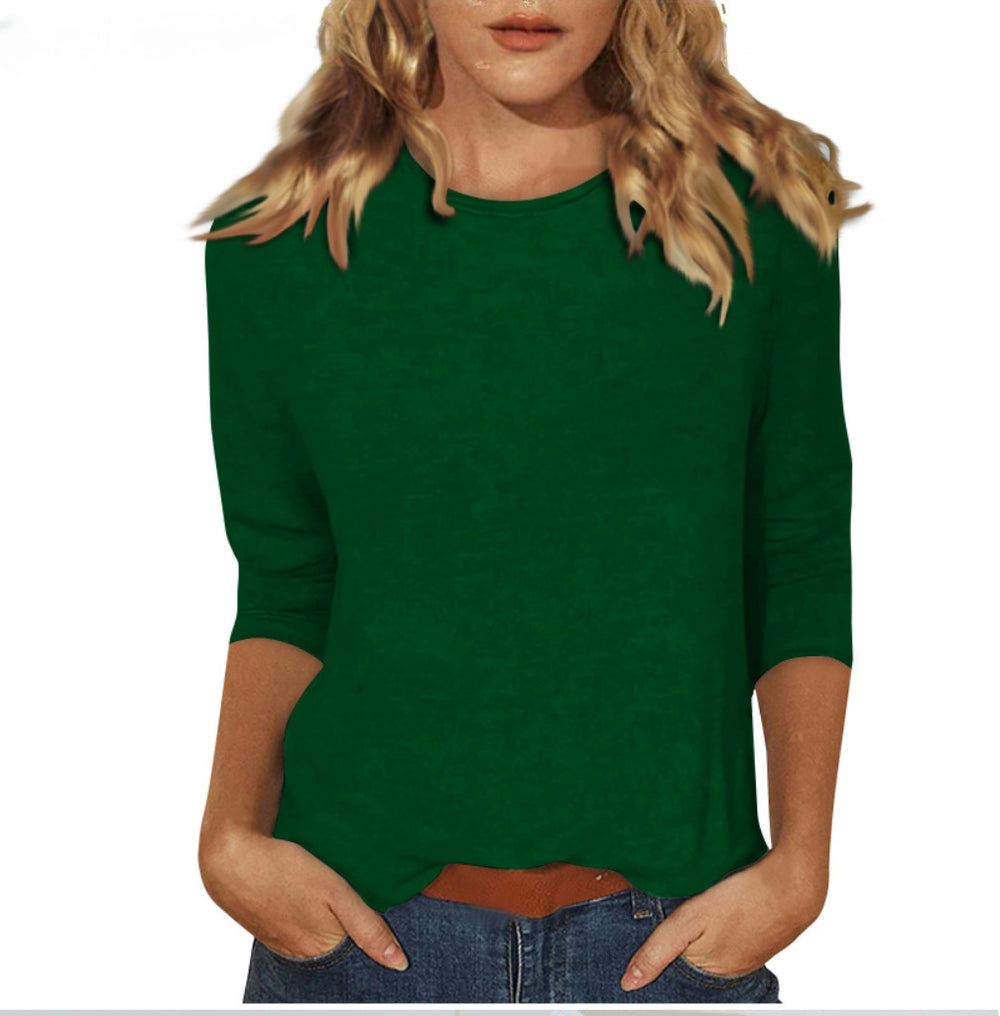 new women's crew neck t-shirt with 3/4 sleeves - solid color top for cross-border  sales