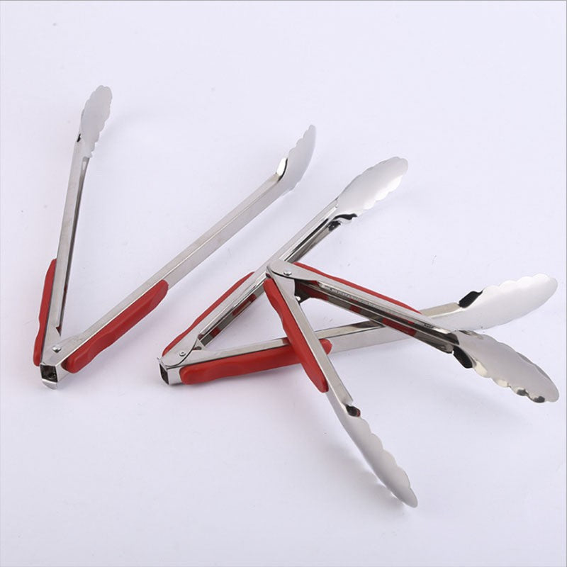 Stainless steel home & outdoor food tongs - bbq tongs, buffet food tongs, kitchen bread tongs, steak tongs, red rubber grip