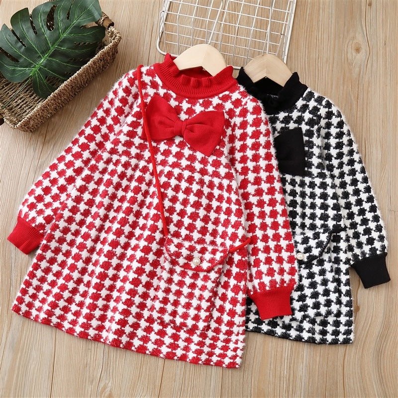 Girls' knit sweater dress with bag -  autumn/winter new arrival - houndstooth bowknot lace fashion dress