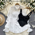 French court style high-end petite set: petal sleeve blouse + fishbone design camisole bandeau top