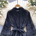 Palace style dress women's frenchretrocut outembroiderlacepatchwork lantern sleeve single breasted waist a-line skirt