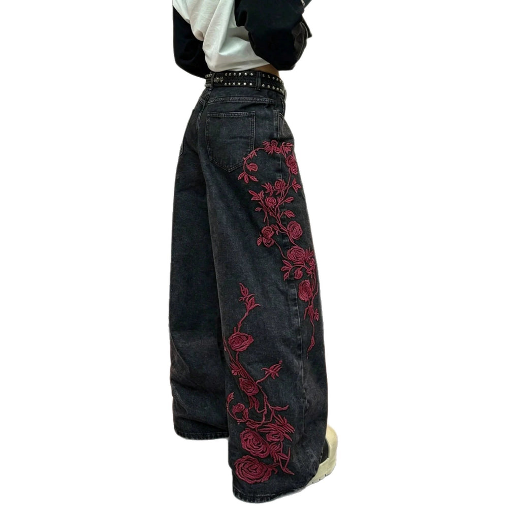 European and american style women's black and grey distressed rose embroidered wide leg jeans - vintage high street loose fit denim trousers