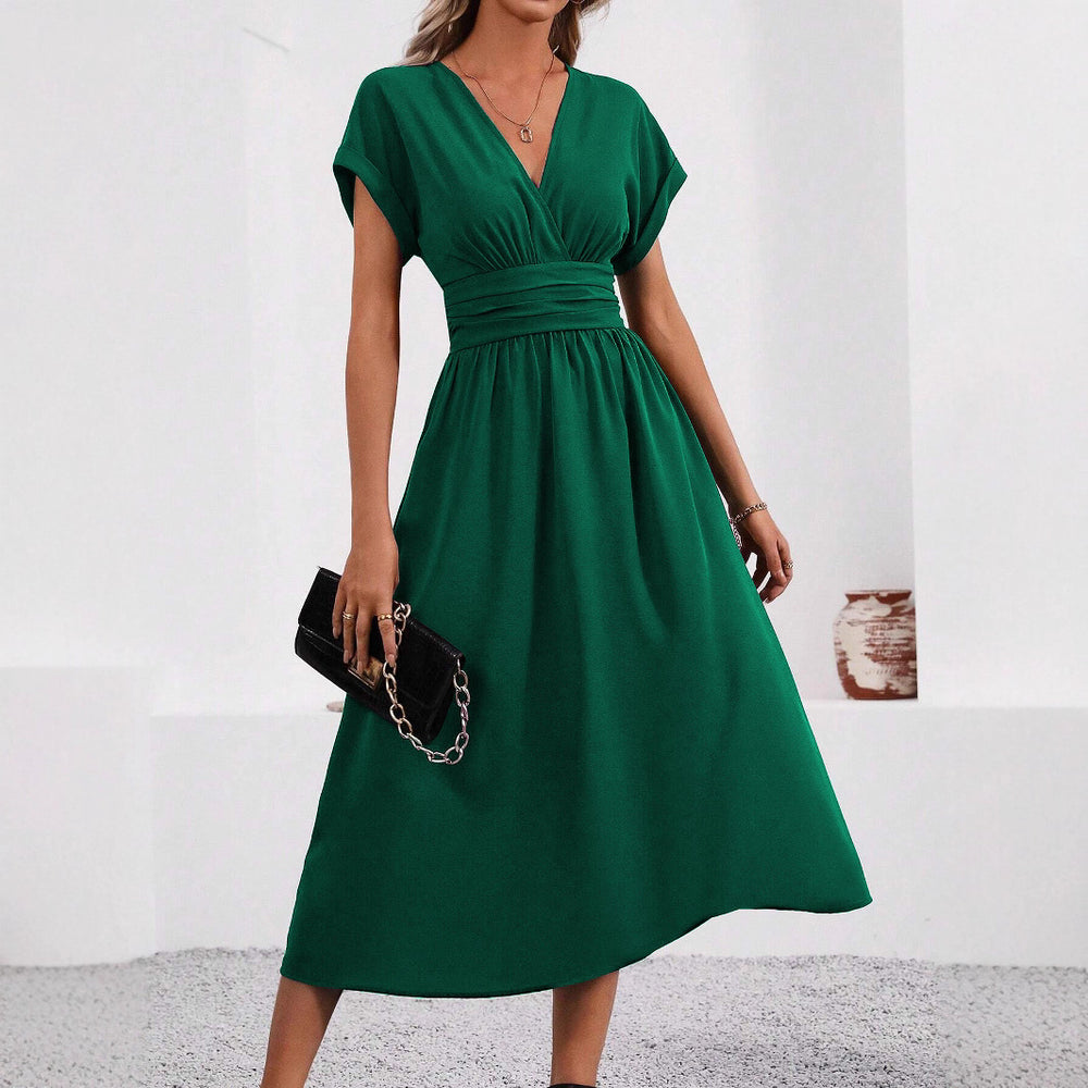 Women's summer solid color overlapping v-neck batwing sleeve waist ruched maxi elegant dress, women's long dress